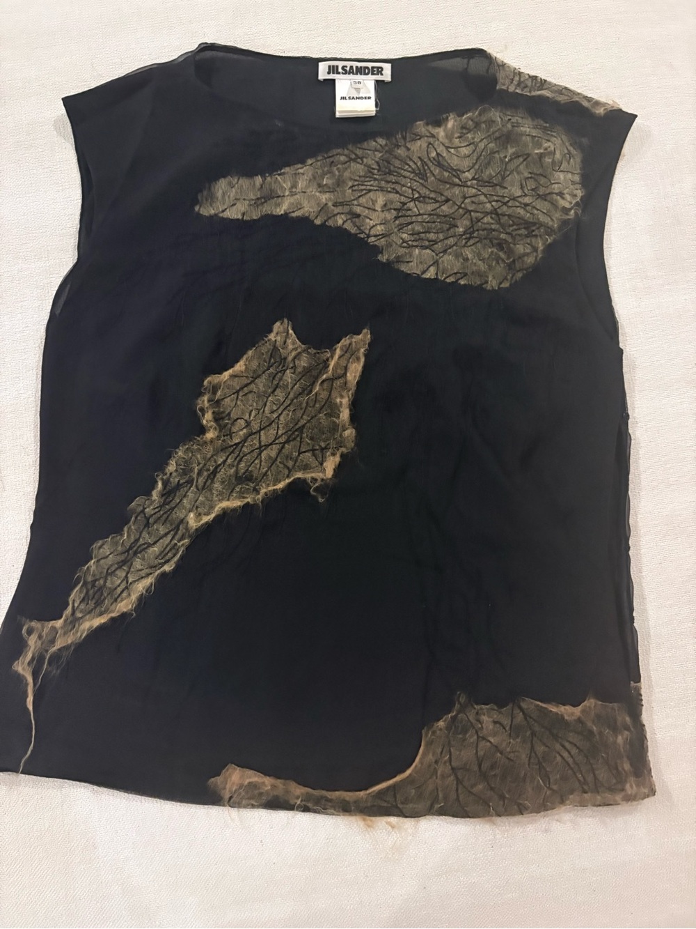 Jil Sander Black Sleeveless Top with Olive-Brown Textured Panels